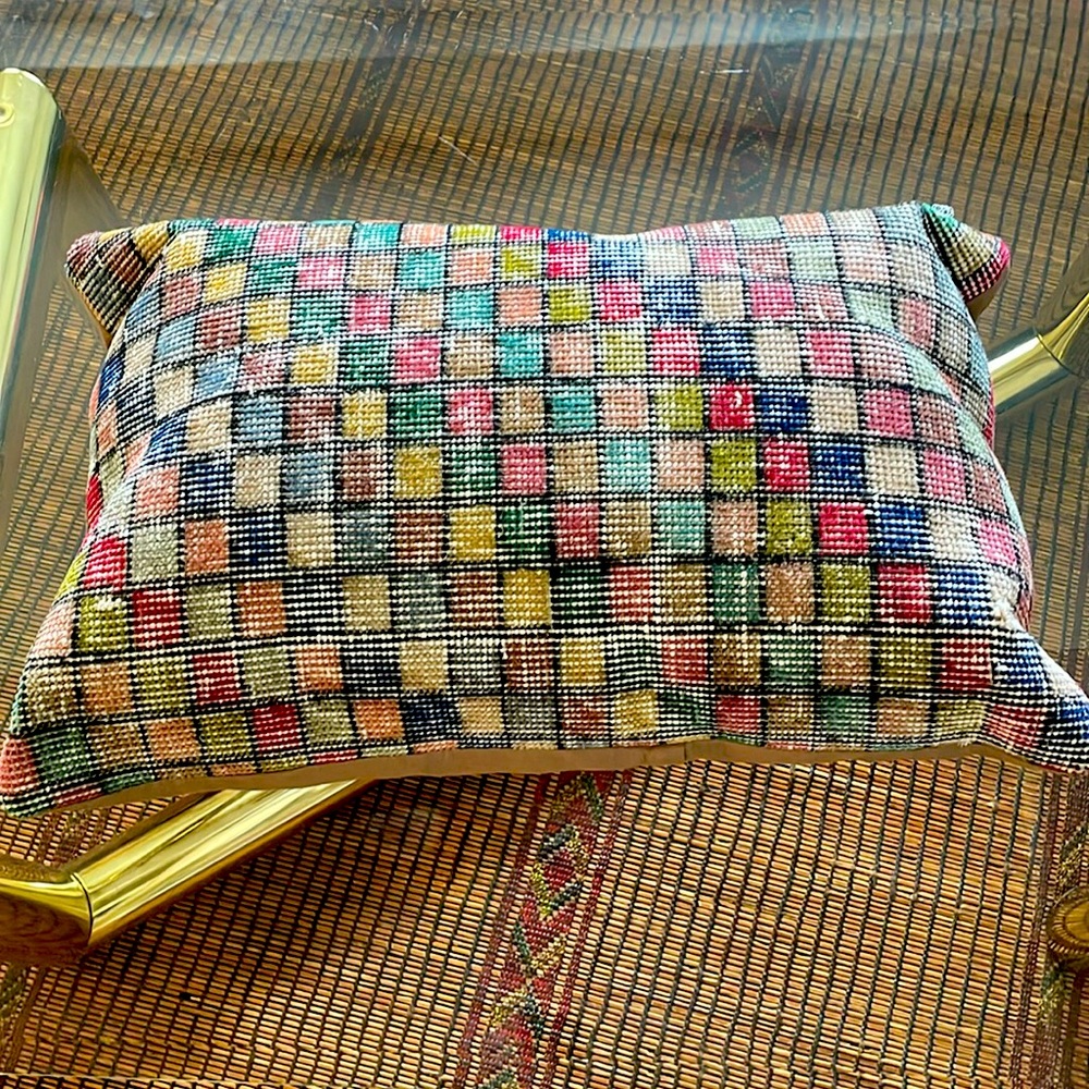 Multi color checked Turkish wool and cotton pillow. 24x16”. Like new. Firm.